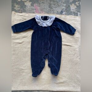 Babidu Navy Blue Velvet Baby Footie with White Collar, Sz 6 Months